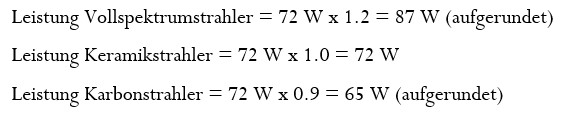 Rechnungsbeispiel benötigte Infrarotstrahler-Leistung an den Strahler-Typ anpassen